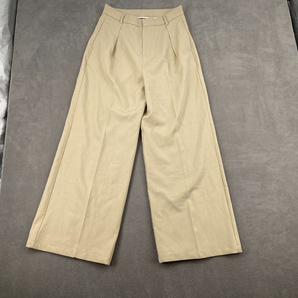 Anewsta Dress Pants Womens Medium Beige Linen-Blend Pleated Wide Leg Business